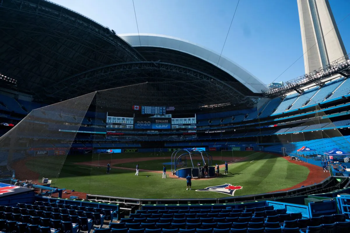 Toronto Blue Jays players take part in summer training at Rogers Centre on July 9, 2020, in Toronto. (Mark Blinch/Getty Images)