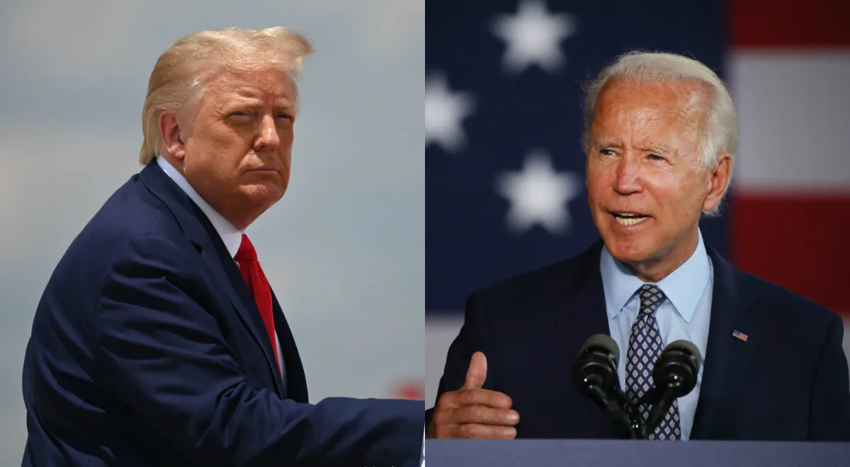 (L) President Donald Trump boards Air Force One at Joint Base Andrews in Maryland on July 15, 2020. (R) Presumptive Democratic presidential nominee Joe Biden speaks in Dunmore, Penn., on July 9, 2020. (Jim Watson/AFP via Getty Images; Spencer Platt/Getty Images)