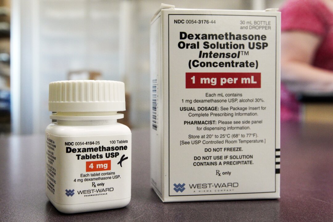 A bottle and box for dexamethasone in a pharmacy in Omaha, Neb., on June 16, 2020. (Nati Harnik/AP Photo)