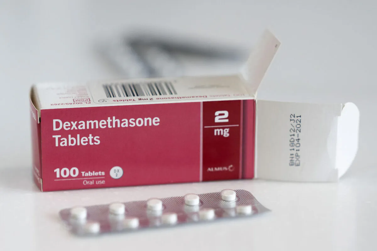 A close-up of a box of Dexamethasone tablets in a pharmacy in Cardiff, UK, on June 16, 2020. (Matthew Horwood/Getty Images)