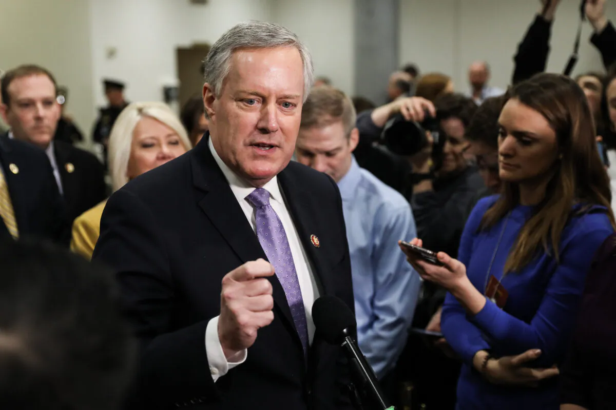 White House Chief of Staff Mark Meadows, then-U.S. representative from North Carolina, speaks to media while other impeachment defense team advisers look on at the Capitol in Washington on Jan. 27, 2020. (Charlotte Cuthbertson/The Epoch Times)