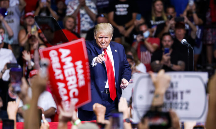 President Donald Trump at a campaign rally in the BOK Center in Tulsa, Okla., on June 19, 2020. (Charlotte Cuthbertson/The Epoch Times)