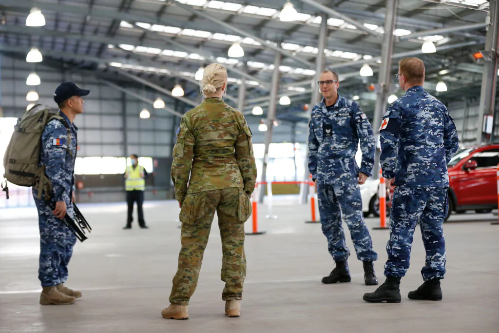 ADF (Australian Defence Force) personnel assist with a COVID-19 testing at Melbourne Showgrounds on June 29, 2020 in Melbourne, Australia. (Darrian Traynor/Getty Images)