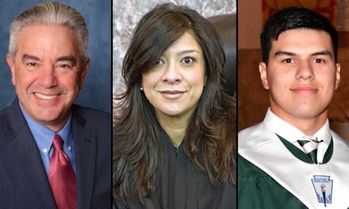 Mark Anderl (L), federal judge Esther Salas (C) and Daniel Anderl (R). (Courtesy of Anderl & Oakley, P.C./Rutgers University/St. Joseph High School)