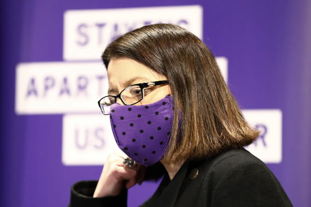 Victorian Health Minister Jenny Mikakaos wears a face mask in the daily briefing in Melbourne, Australia on July 19, 2020. (Darrian Traynor/Getty Images)