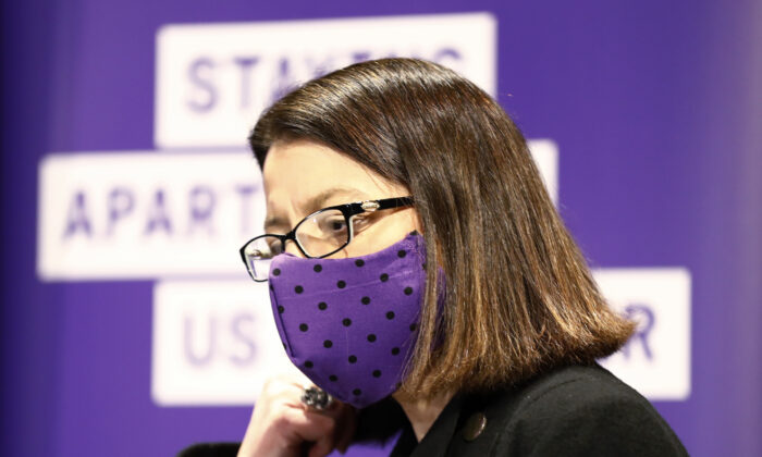 Victorian Health Minister Jenny Mikakaos wears a face mask in the daily briefing in Melbourne, Australia on July 19, 2020. (Darrian Traynor/Getty Images)