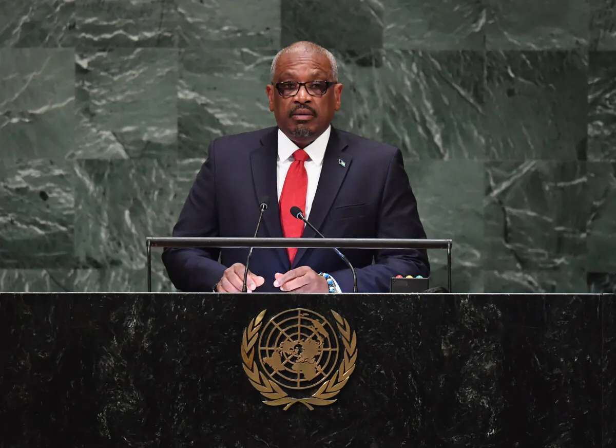Bahamas Prime Minister Hubert Alexander Minnis addresses the 73rd session of the General Assembly at the United Nations in New York on Sept 28, 2018. (Angela Weiss/AFP via Getty Images)