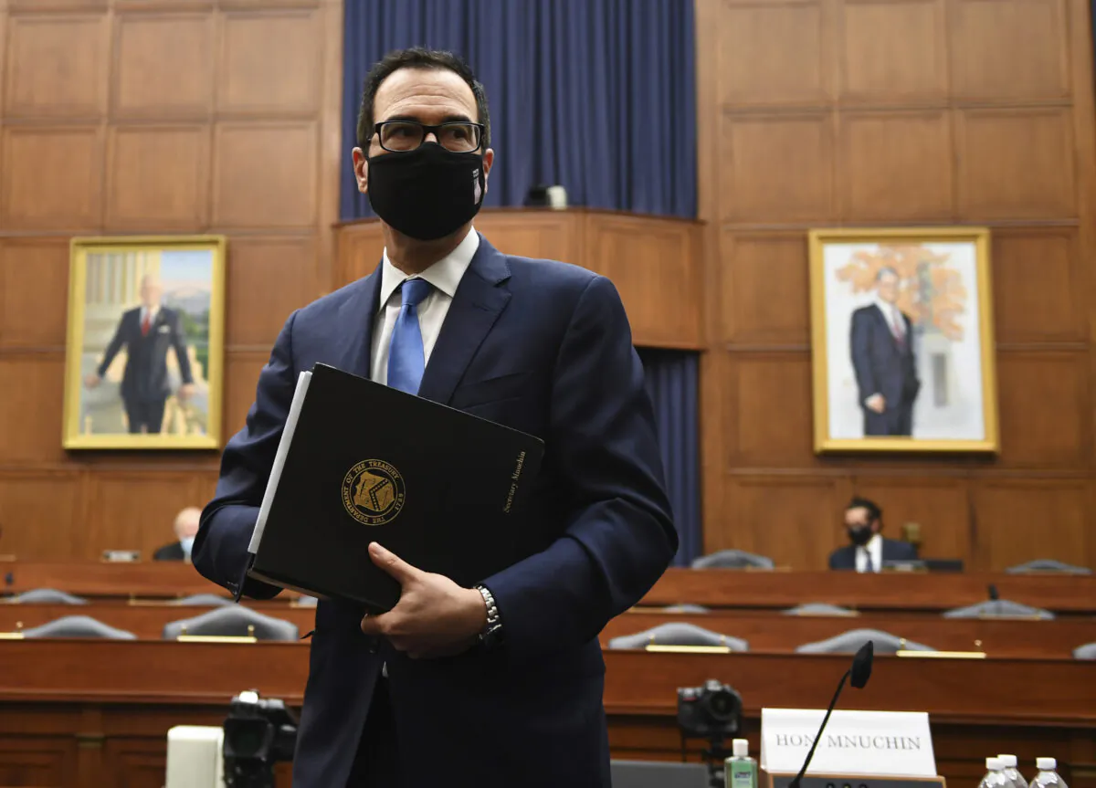 Treasury Secretary Steven Mnuchin leaves after a House Small Business Committee hearing on oversight of the Small Business Administration and Department of Treasury pandemic programs on Capitol Hill in Washington on July 17, 2020. (Kevin Dietsch/Pool via AP)