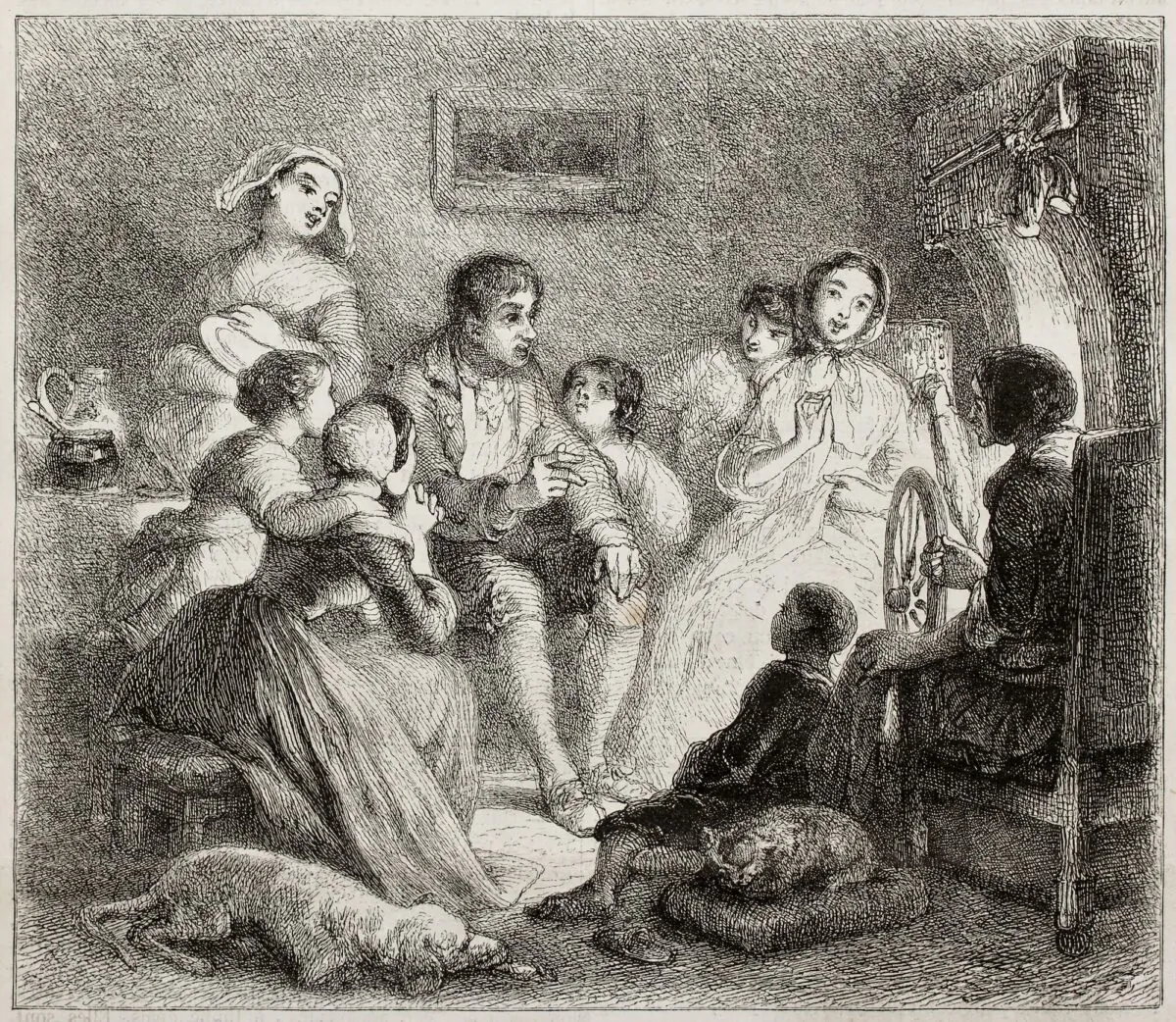 An illustration of a man telling a story to youngsters, 1850, by Johannot. Published in Magasin Pittoresque, Paris. (Marzolino /Shutterstock)
