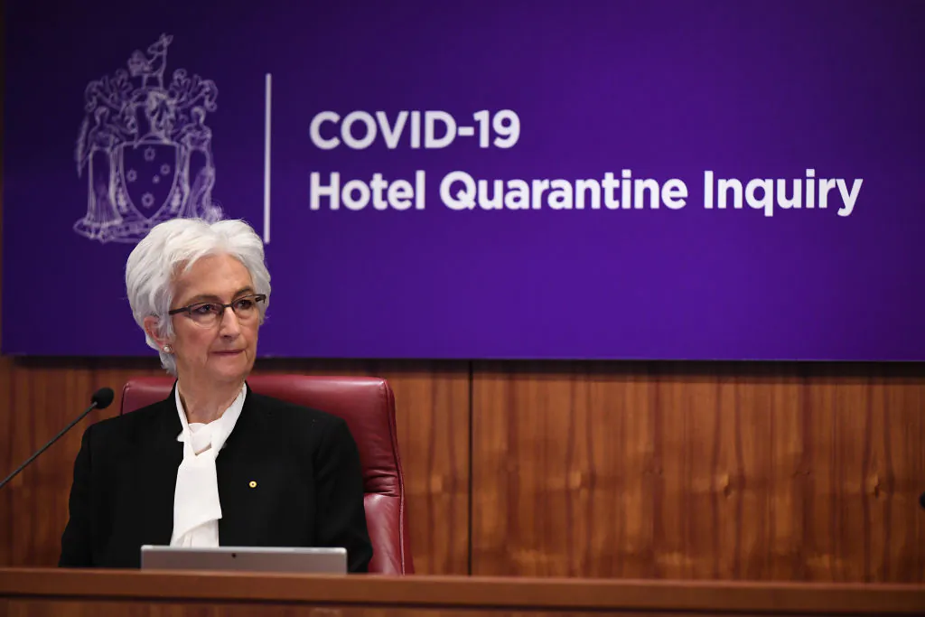 The Honourable Jennifer Coate AO speaks during COVID-19 Hotel Quarantine Inquiry in Melbourne, Australia on July 20, 2020. (James Ross - Pool/Getty Images)