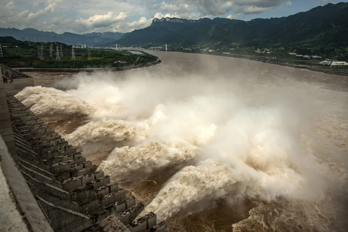 The Three Gorges Dam is discharging flood water in Yichang, China, on July 19, 2020. (AFP via Getty Images)