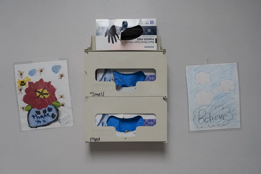 Children's drawings are put up on a wall in a patient's room in an intensive care unit at the United Memorial Medical Center in Houston, Texas on July 2, 2020. (Go Nakamura/Getty Images) 