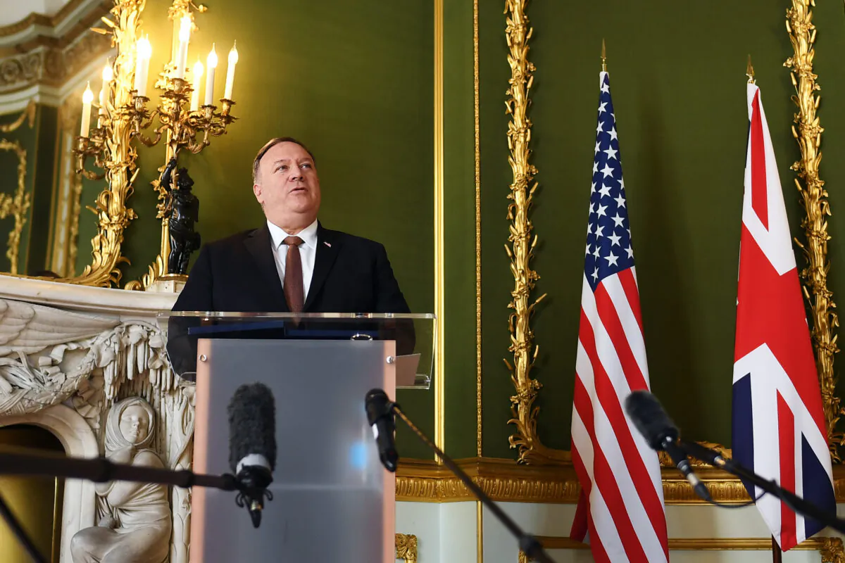 U.S. Secretary of State Mike Pompeo speaks during a joint press conference with Britain's Foreign Secretary Dominic Raab at Lancaster House, London, on July 21, 2020. (Peter Summers - WPA Pool/Getty Images)