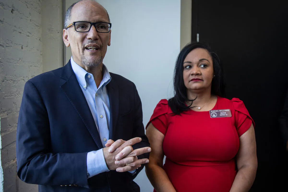 Tom Perez (L) chair of the Democratic National Committee, and Nikema Williams, chair of the Georgia Democratic Party, speak with reporters, in Atlanta, on Nov. 20, 2019. (Ron Harris/ File/AP Photo)