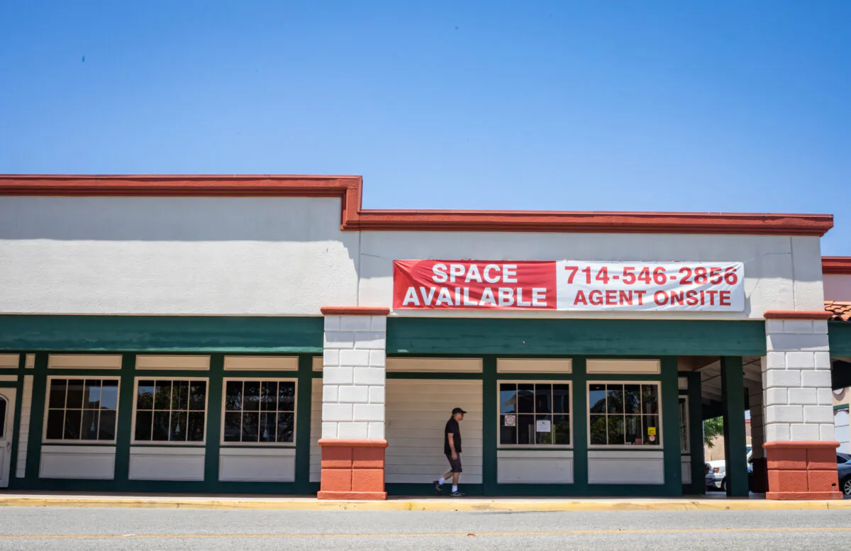 Restaurant space is advertised as available in Santa Ana, Calif., on July 10, 2020. (John Fredricks/The Epoch Times)