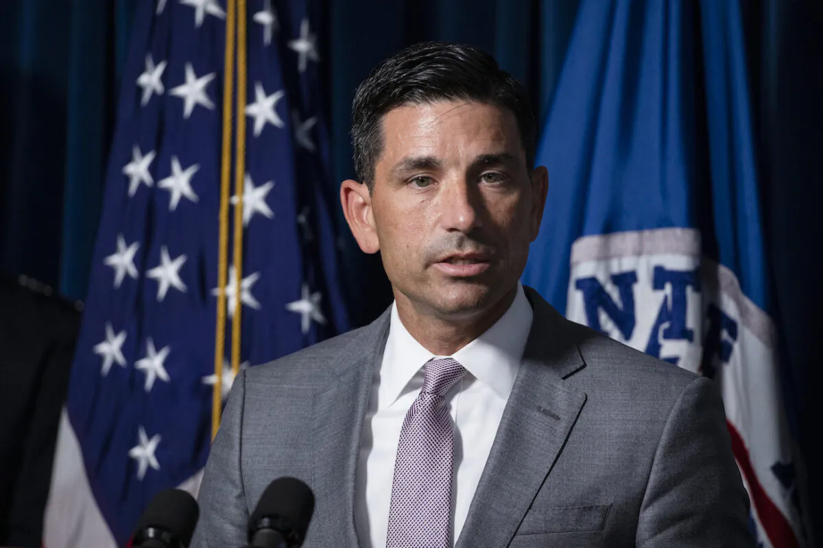 Acting Secretary of Homeland Security Chad Wolf speaks during a press conference on the actions taken by federal officers and agents in Portland during continued unrest from the US Customs and Border Patrol headquarters in Washington on July 21, 2020. (Samuel Corum/Getty Images)