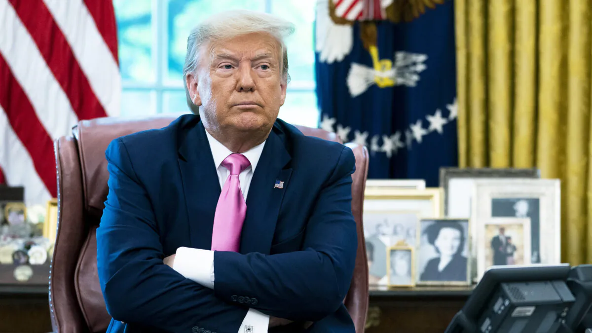 President Donald Trump talks to reporters while hosting Republican Congressional leaders and members of his cabinet in the Oval Office at the White House in Washington on July 20, 2020. (Doug Mills-Pool/Getty Images)