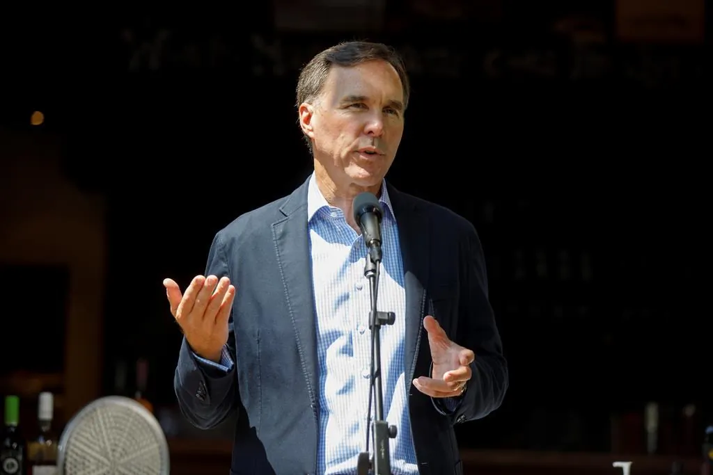 Canada's Minister of Finance Bill Morneau speaks to media during a press conference in Toronto, on July 17, 2020. (The Canadian Press/Cole Burston)