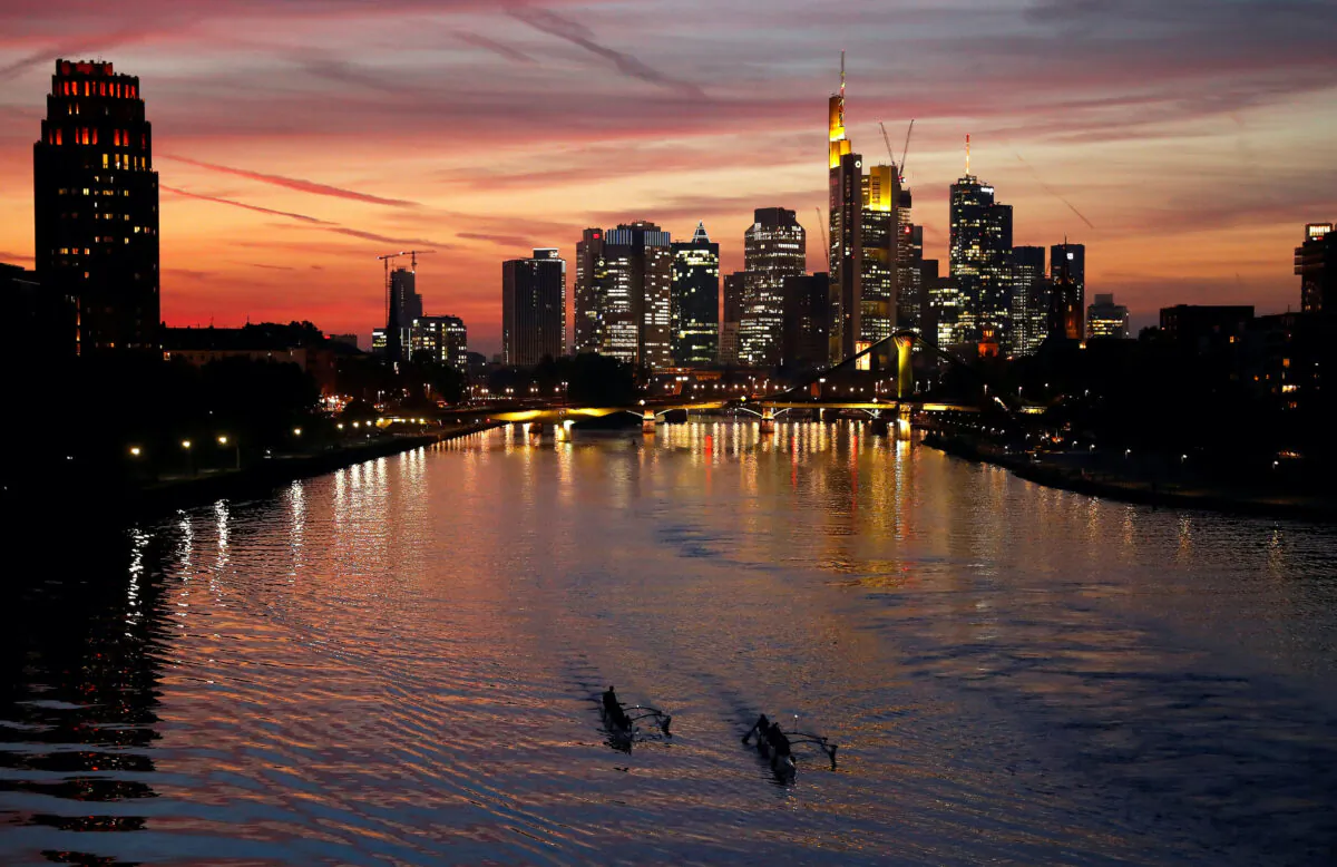 The skyline with its financial district is photographed on the early evening in Frankfurt, Germany, on Oct. 8, 2018. (Kai Pfaffenbach/Reuters)