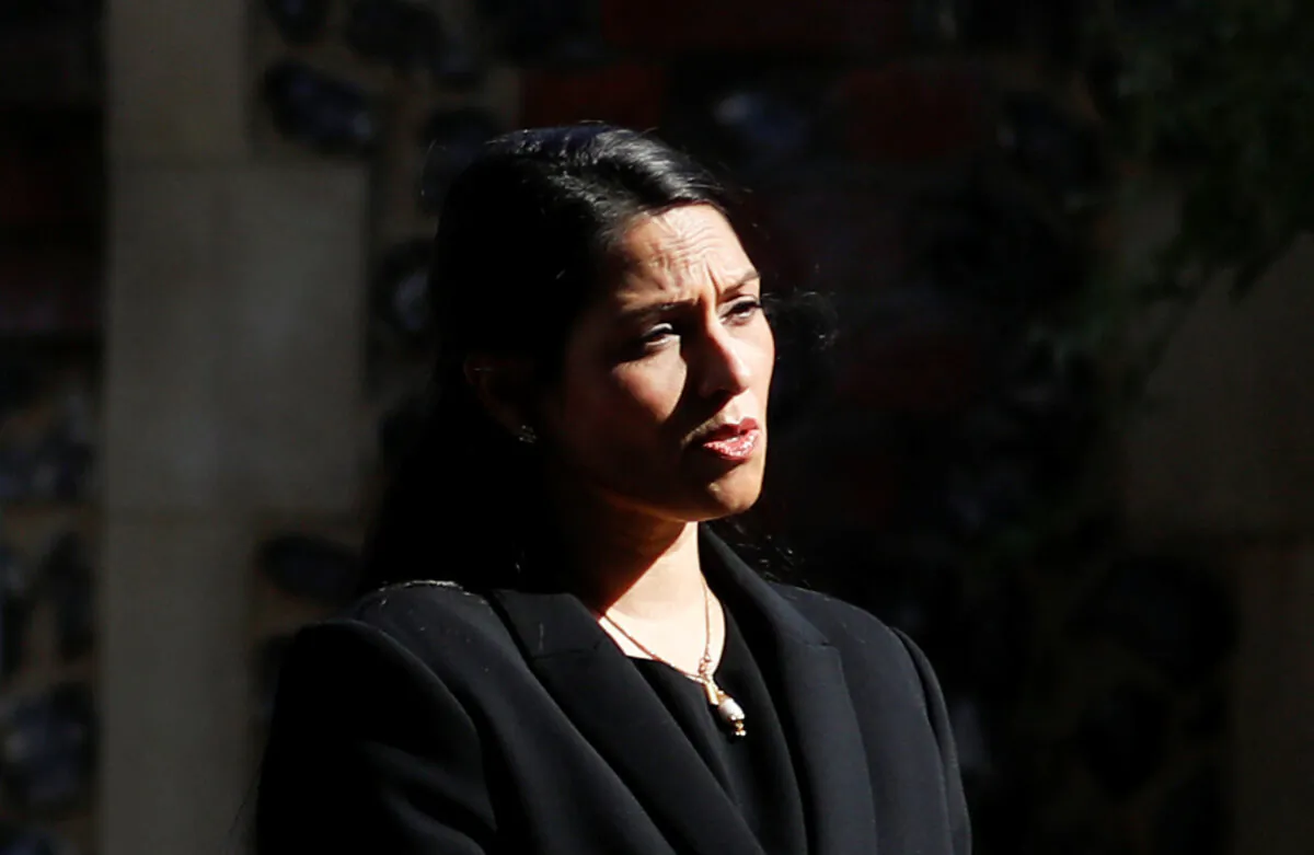 Britain's Home Secretary, Priti Patel, speaks to the media in Reading, Britain on June 22, 2020. (Peter Nicholls/Reuters)