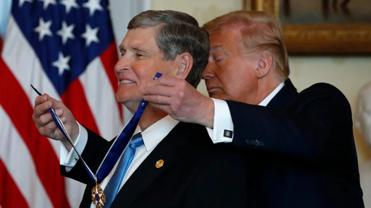 President Donald Trump presents the Presidential Medal of Freedom to Jim Ryun, in the Blue Room of the White House in Washington, on July 24, 2020. (Alex Brandon/AP)