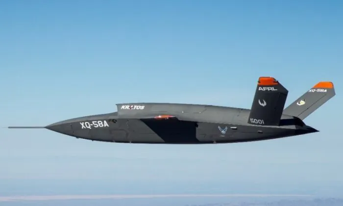 The Kratos XQ-58 Valkyrie during a test flight in this March 28, 2020 dated handout photograph from the Air Force. (U.S. Department of Defense)