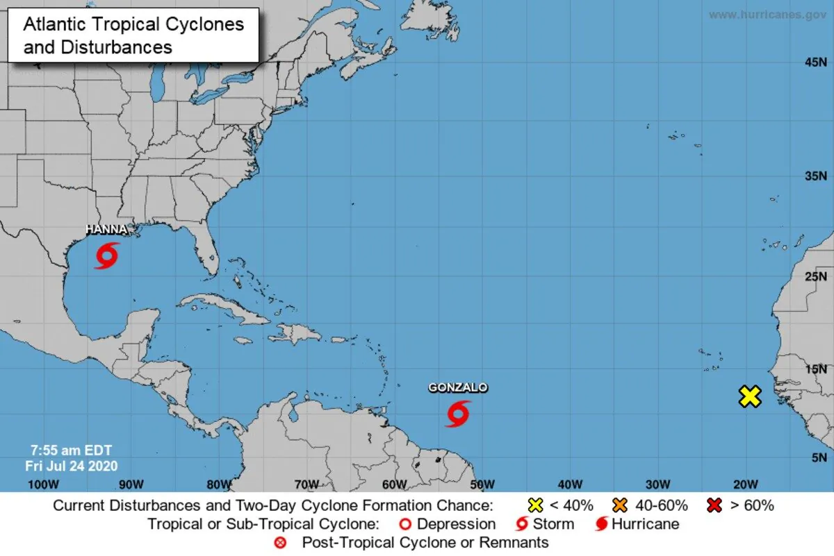 Tropical Storm Hanna was expected to strengthen on July 24 as it moves toward the Texas coastline, while another tropical storm Gonzalo continued to approach the Caribbean, on July 24, 2020. (Courtesy of National Hurricane Center)
