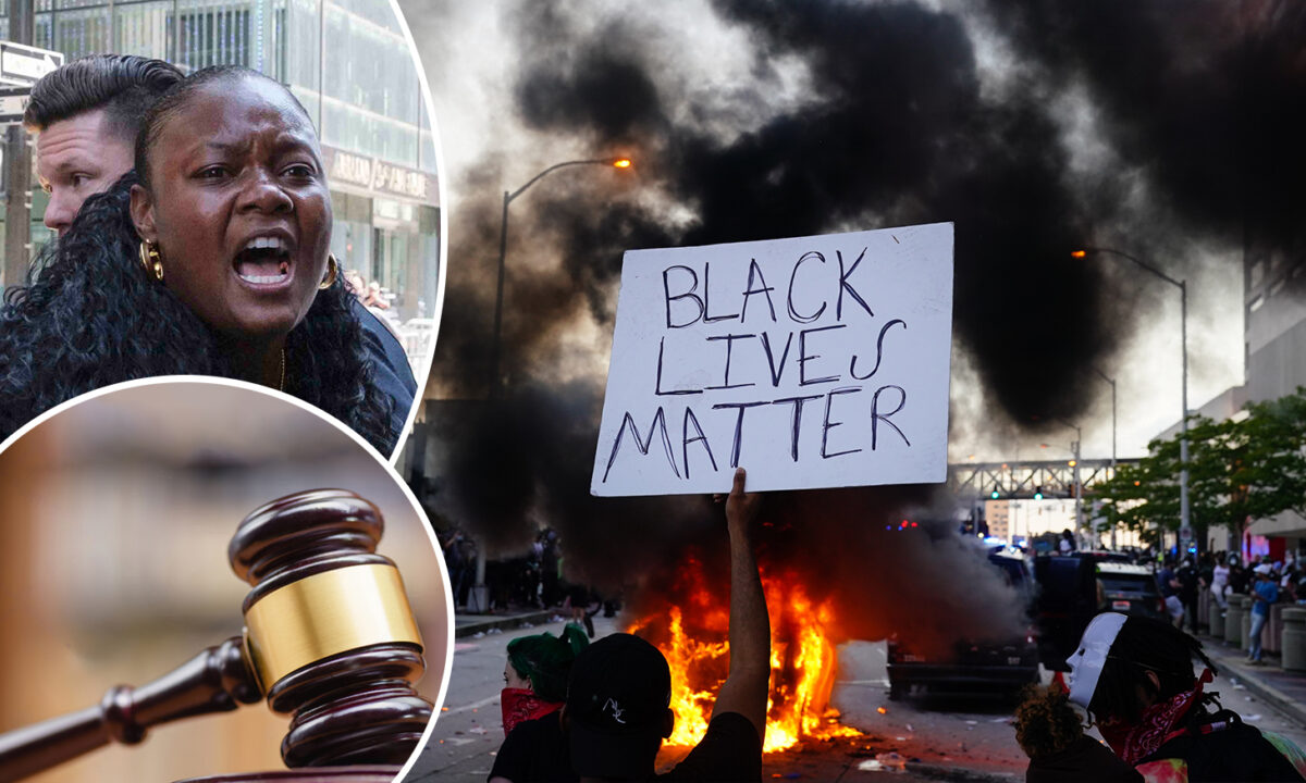 (Top L) Bevelyn Beatty from Atwell Ministries was arrested for criminal mischief on July 18, 2020 (Yuki Iwamura/AP Photo); (Bottom L) Illustration (Shutterstock); (R) A man holds a Black Lives Matter sign as a police car burns during a protest on May 29, 2020 in Atlanta, Georgia. (Elijah Nouvelage/Getty Images)