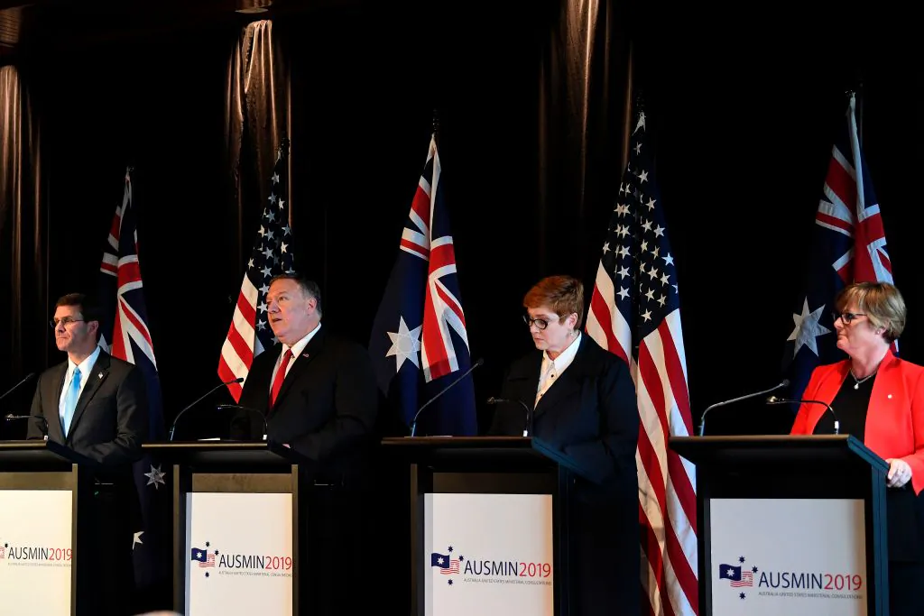 US Secretary of Defence Mark Esper (L) and US Secretary of State Mike Pompeo (2nd L) attend a joint news conference with Australia's Foreign Minister Marise Payne (2nd R)and Australia's Defence Minister Linda Reynolds in Sydney on August 4, 2019. (SAEED KHAN/Getty Images)