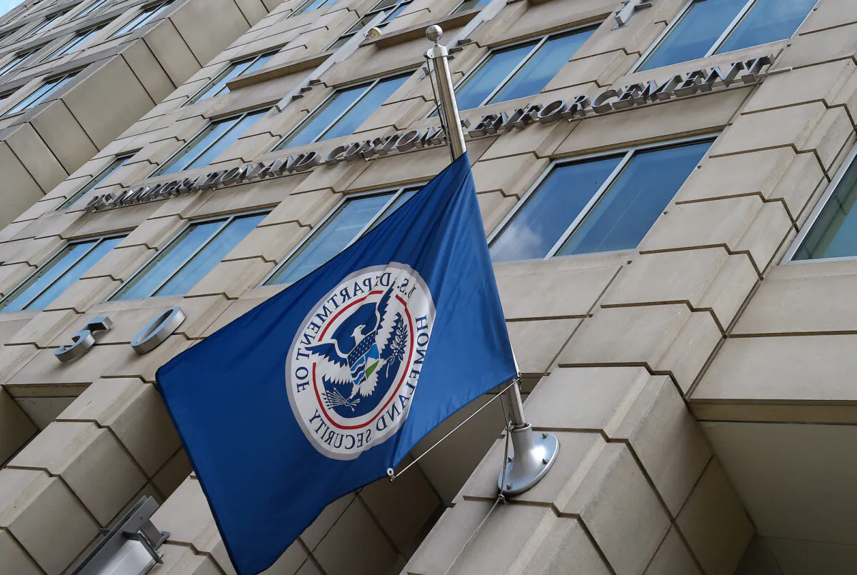The Department of Homeland Security flag flies outside the Immigration and Customs Enforcement (ICE) headquarters in Washington on July 17, 2020. (Olivier Douliery/AFP/Getty Images)