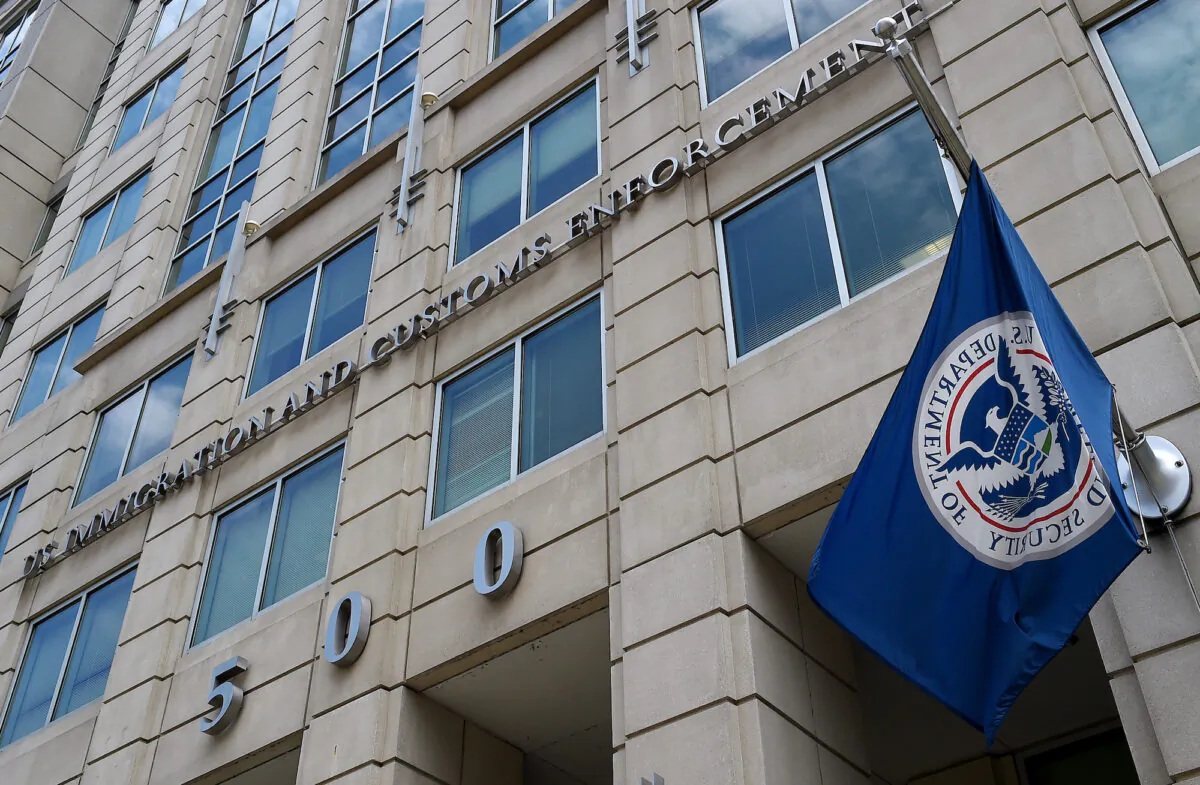 The Department of Homeland Security flag flies outside the Immigration and Customs Enforcement (ICE) headquarters in Washington, on July 17, 2020. (Olivier Douliery/AFP via Getty Images)