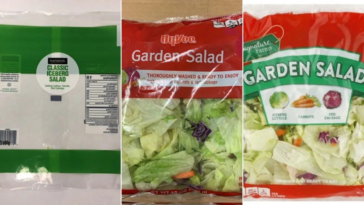 (L-R) Marketside brand Classic Iceberg Salad, Hy-Vee brand 12-ounce bagged Garden Salad, and Jewel-Osco Signature Farms brand 12-ounce bagged Garden Salad. (FDA)