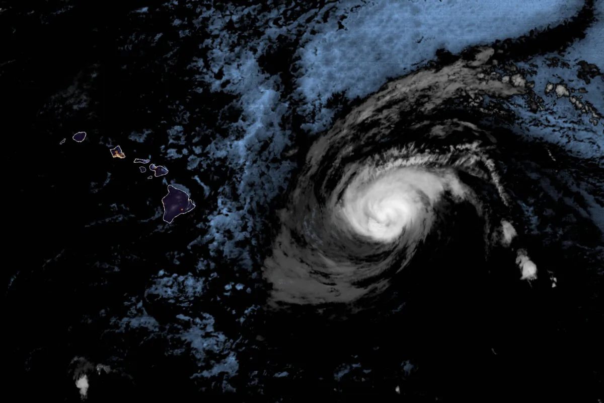 Hurricane Douglas approximately 500 miles east of Hawaii at 4:10 a.m. HST on July 25, 2020. (NOAA via AP)