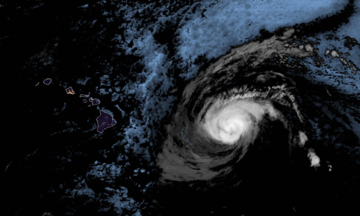 Hurricane Douglas approximately 500 miles east of Hawaii at 4:10 a.m. HST on July 25, 2020. (NOAA via AP)