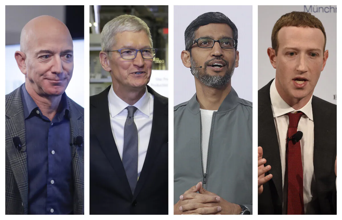 This combination of  photos shows Amazon CEO Jeff Bezos, Apple CEO Tim Cook, Google CEO Sundar Pichai, and Facebook CEO Mark Zuckerberg, in 2019-2020. (Pablo Martinez Monsivais, Evan Vucci, Jeff Chiu, Jens Meyer/AP Photo)