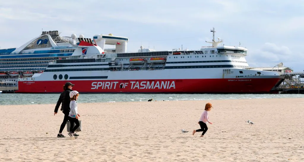 The Spirit of Tasmania ferry which carries passengers between Melbourne and Devonport in Tasmania, is moored at Station Pier in Melbourne on March 24, 2020. (William West/Getty Images)