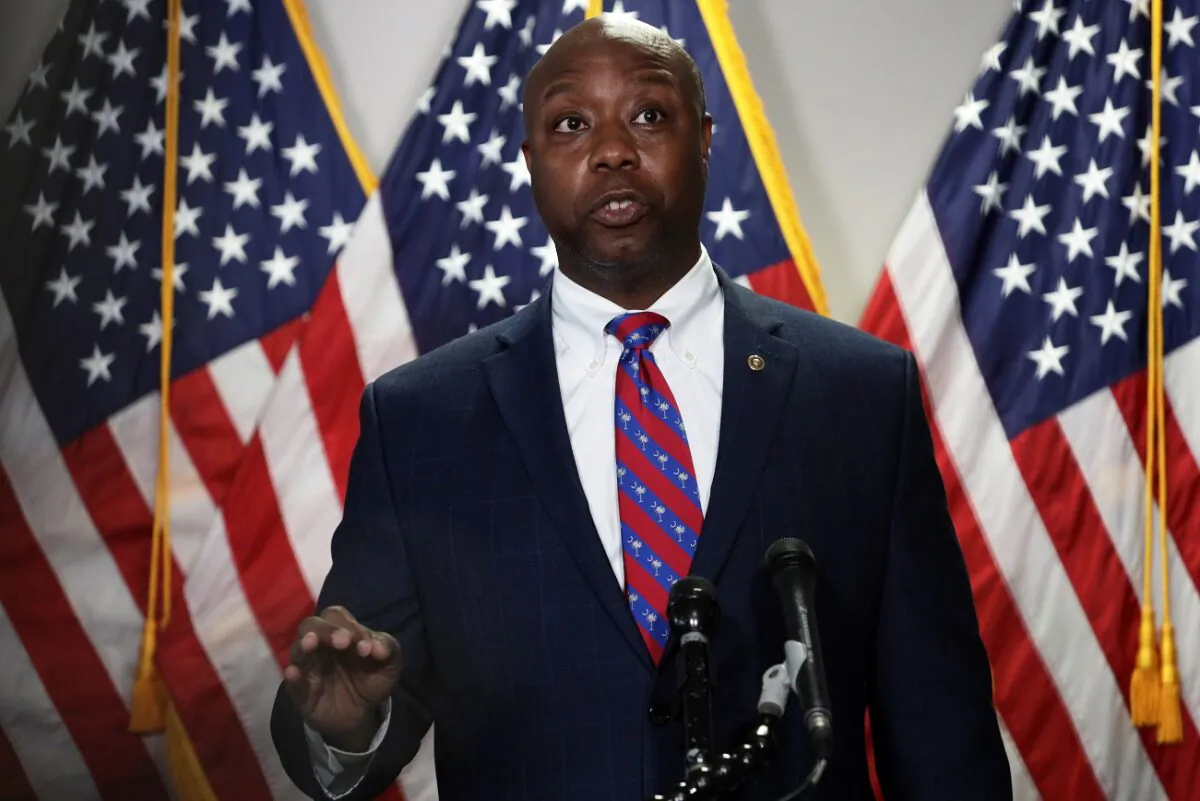 Sen. Tim Scott (R-S.C.) speaks to members of the media at Hart Senate Office Building on Capitol Hill in Washington on June 23, 2020.  (Alex Wong/Getty Images)