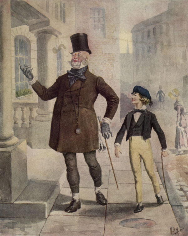 An illustration of the characters Mr. Micawber and David Copperfield