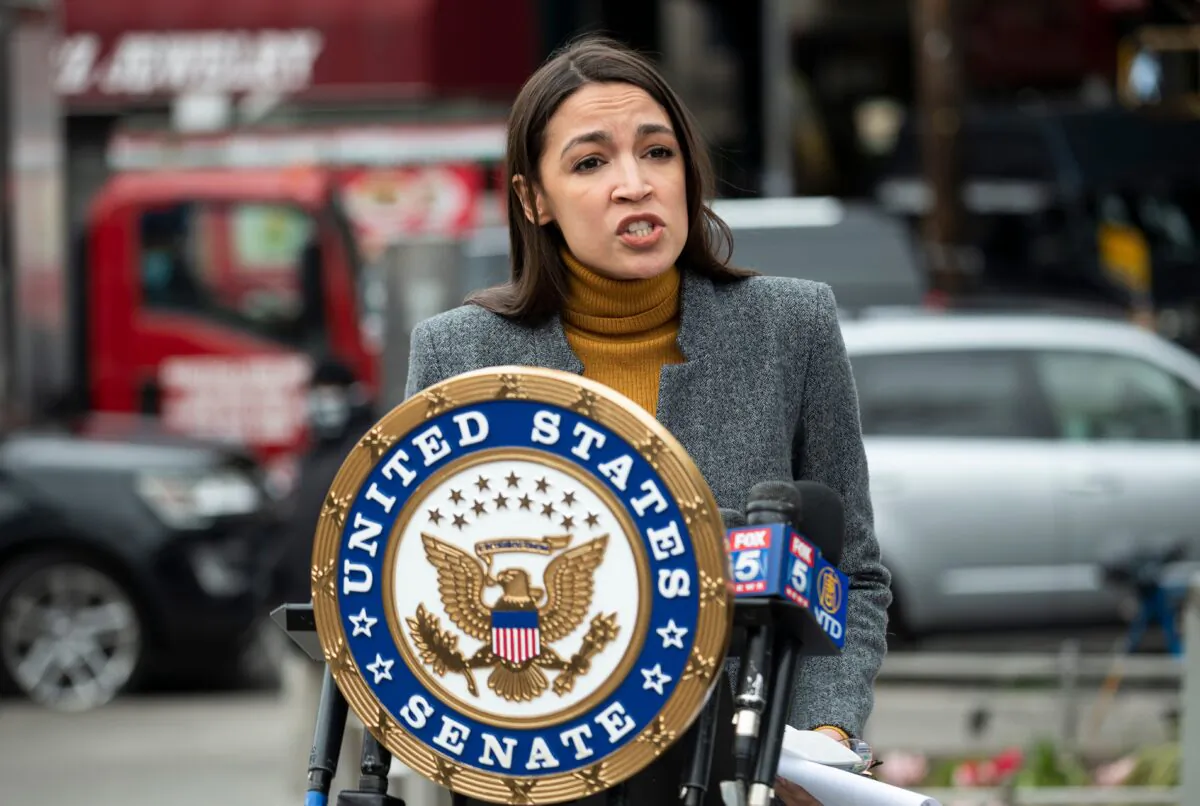 Congresswoman Alexandria Ocasio-Cortez (D-N.Y.) speaks during a press conference in the Corona neighborhood of Queens in New York City on April 14, 2020. (Johannes Eisele/AFP via Getty Images)