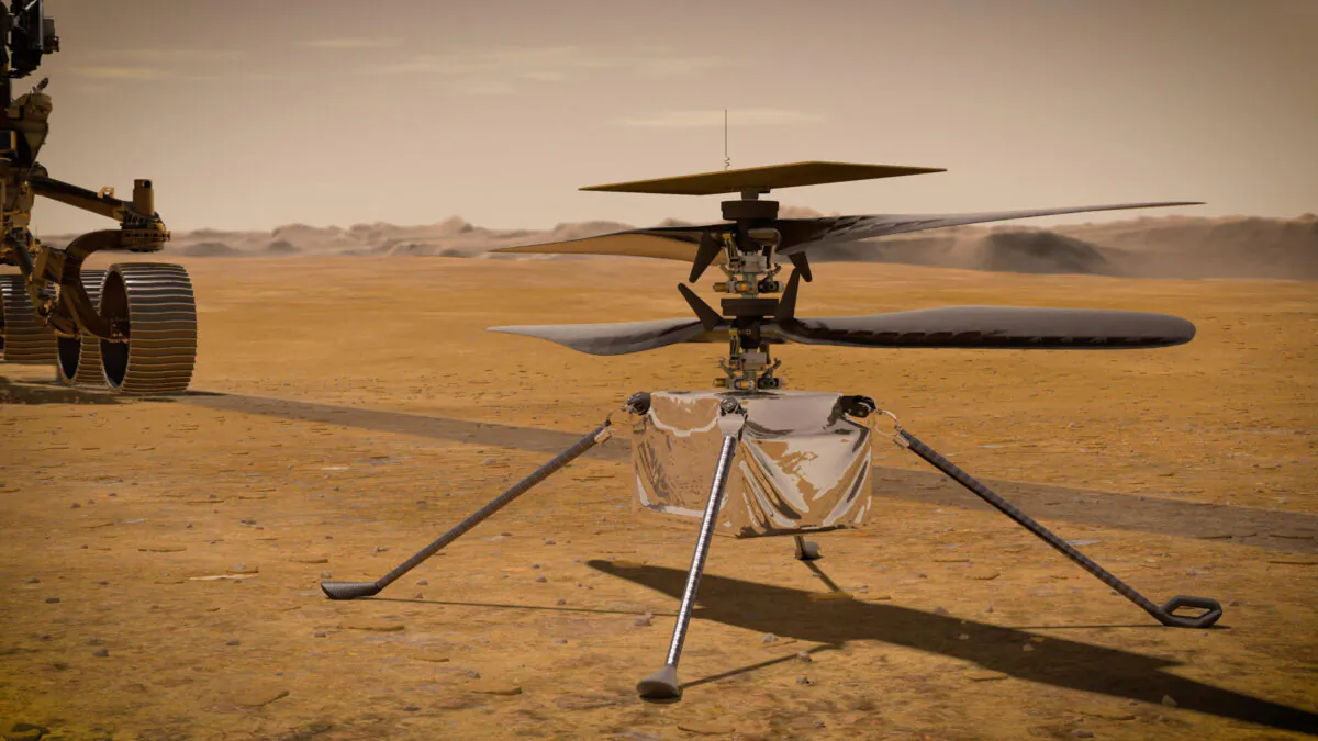 This illustration made available by NASA depicts the Ingenuity Mars Helicopter on the red planet's surface near the Perseverance rover (L). (NASA/JPL-Caltech via AP)