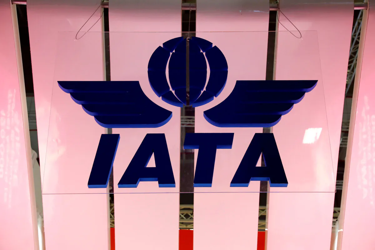The International Air Transport Association (IATA) logo is seen at the International Tourism Trade Fair ITB in Berlin, Germany, on March 7, 2018. (Fabrizio Bensch/Reuters)