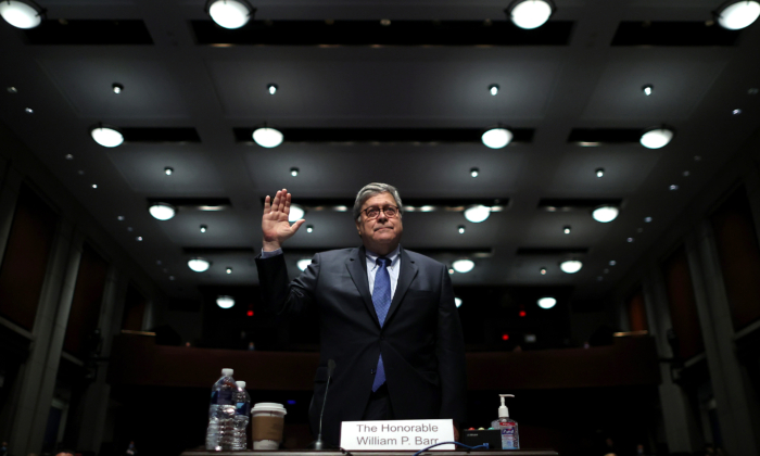 Attorney General William Barr takes the oath before he testifies before the House Judiciary Committee hearing in the Congressional Auditorium at the US Capitol Visitors Center July 28, 2020, in Washington. (Chip Somodevilla/AFP via Getty Images)