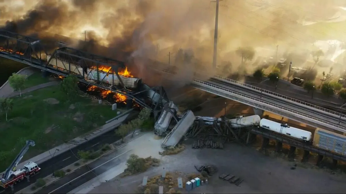 A fiery train derailment in Arizona on July 29, 2020. (Courtesy of KPHO/KTVK)