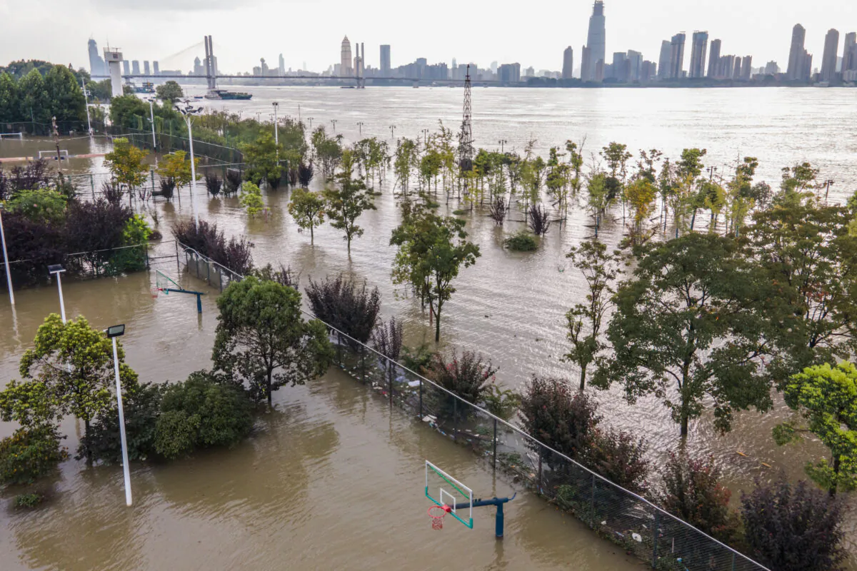 A sports ground along the Yangtze River was inundated in Wuhan in China's central Hubei Province on July 28, 2020. (STR/AFP via Getty Images)