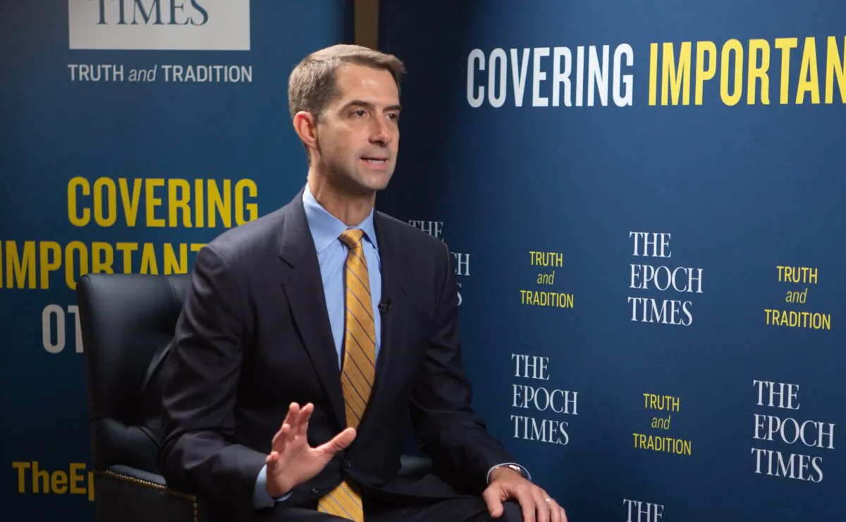 Sen. Tom Cotton (R-Ark.) in Washington on July 27, 2020. (Brendon Fallon/The Epoch Times)