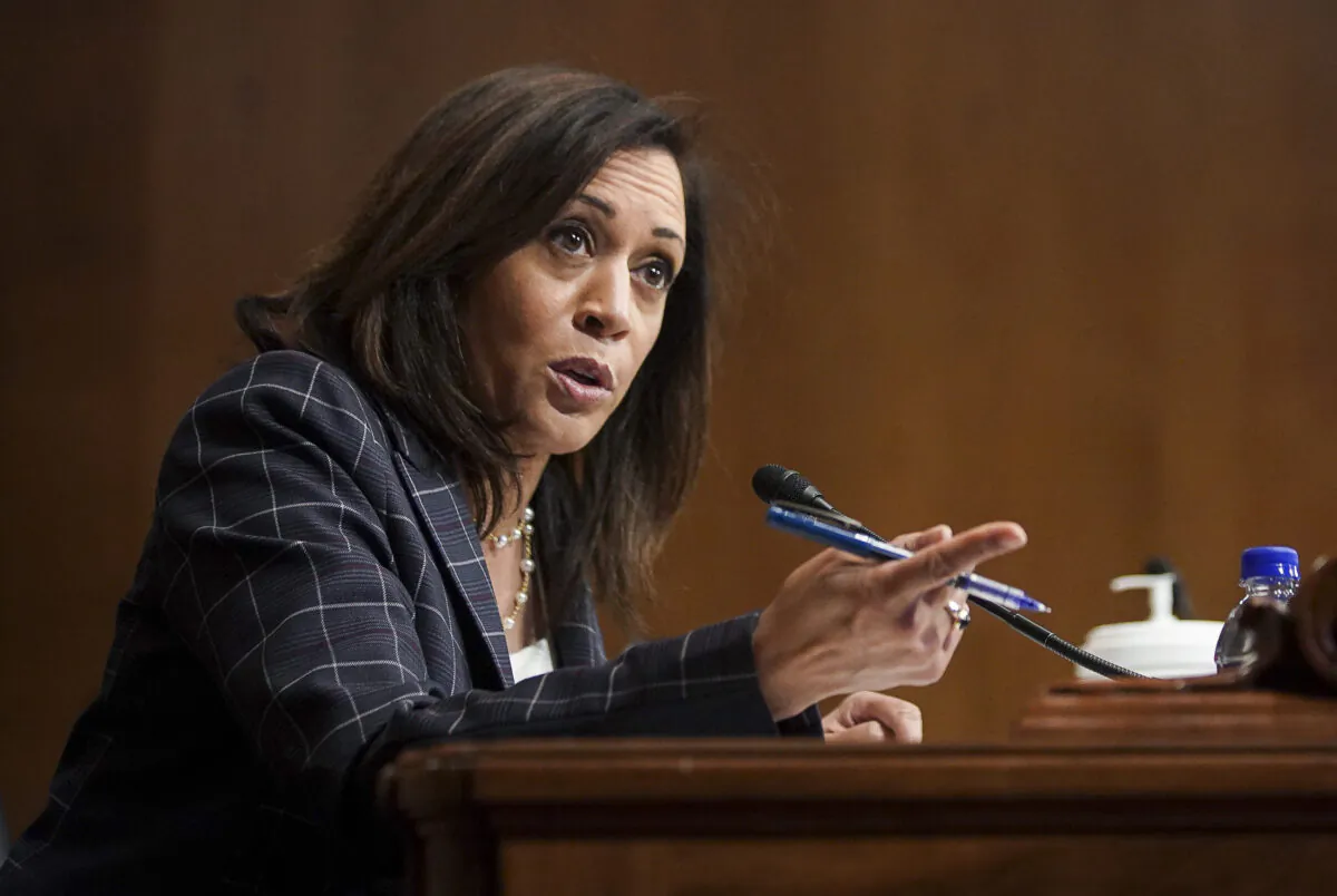 Sen. Kamala Harris (D-Calif.) speaks during a hearing in Washington on June 25, 2020. (Alexander Drago/Pool/Getty Images)