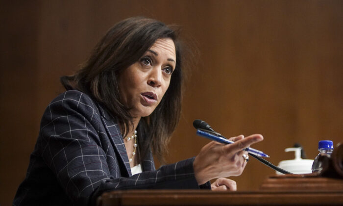 Sen. Kamala Harris (D-Calif.) speaks during a hearing in Washington on June 25, 2020. (Alexander Drago/Pool/Getty Images)