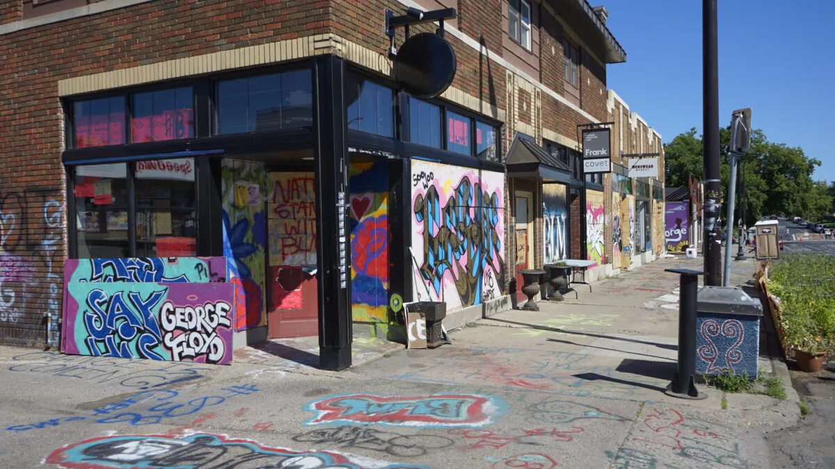 Businesses that are still closed after riots and looting followed by the death of George Floyd in Minneapolis, Minn., on July 27, 2020. (Meiling Lee/The Epoch Times)