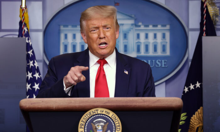 President Donald Trump speaks during a news briefing at the White House in Washington on July 28, 2020. (Alex Wong/Getty Images)