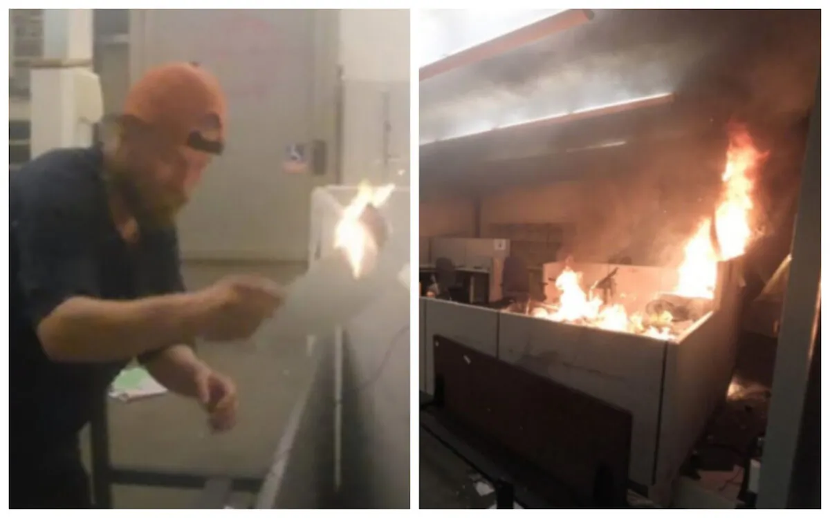(L) A man identified as Edward Schinzing spreading the fire in the Corrections Records Office by moving flaming papers into separate cubicles on May 29, 2020. (R) A demonstrator photographs the fire in the Corrections Records Office on May 29, 2020. (via Department of Justice)